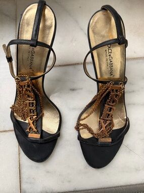 Dolce & Gabbana Black Sandals with Gold Chain Logo Detail